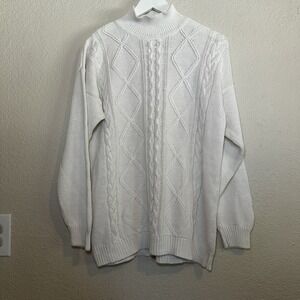 Just‎ SASHA Women M Turtleneck Sweater Chunky Knit Cable Ivory White Boho Cotton